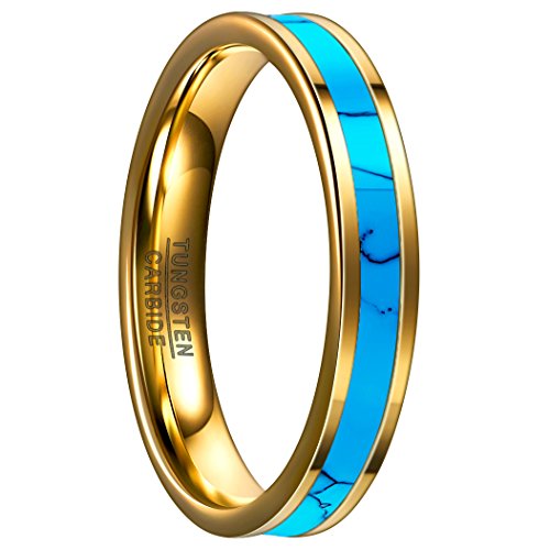 NUNCAD Ring Damen Wolfram Gold 4mm Ring Unisex aus Wolframcarbid mit Türkis Design Ring für Fasching Fashion Hochzeit Verlobung und Geburtstag Größe 72 von NUNCAD