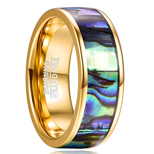 NUNCAD Ring Herren Damen Gold Wolframcarbid Ring mit Hart Abalone Muschel Breite 8mm Ehering Verlobungsring Partner Ring Größe 58 von NUNCAD