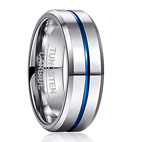 NUNCAD Ring Herren/Damen aus Wolfram Silber + Blau Unisex Ringe 8mm Breit Fashion Schmuck Ring für Hochzeit Verlobung Größe 52.0 (16.6) von NUNCAD