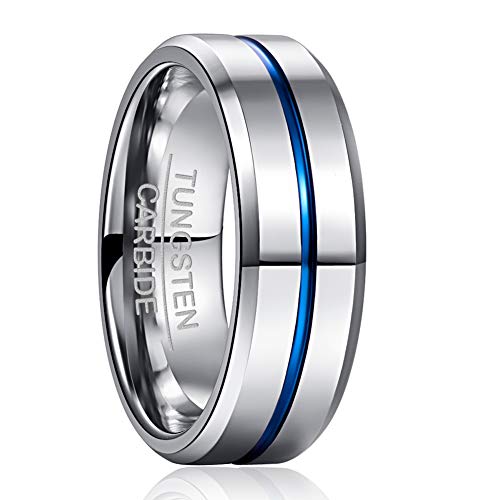 NUNCAD Ring Herren/Damen Wolframcarbid Ring Silber + Blau 8mm Breit Fashion Schmuck Ring für Hochzeit Verlobung Größe 70.0 (22.3) von NUNCAD