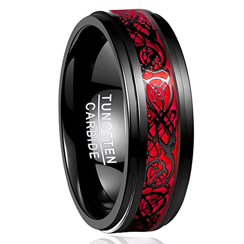 NUNCAD Ring Herren/Damen Keltische Drachen 8mm Rose Rot aus Wolframcarbid für Hochzeit Trauung Partnerschaft Events Größe 57.0 (18.1) von NUNCAD