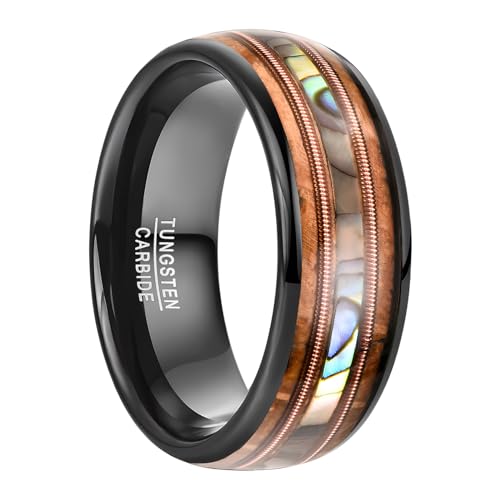 NUNCAD Ring Herren/Damen aus Wolframring mit Hawaii Holz und Gitarrensaiten Schwarzer Abalone-Muschel Ringe Verlobungsring Partnerring Ehering Größe 54.4 von NUNCAD