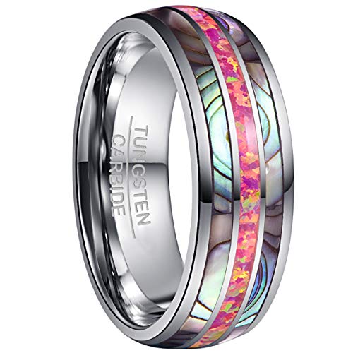 NUNCAD Ring Herren/Damen mit Opal + Muschel Silber 8mm Ring Unisex aus Wolfram Comfort Fit Design für Hochzeit Alltag und Jahrestag Größe 62.0 (19.7) von NUNCAD