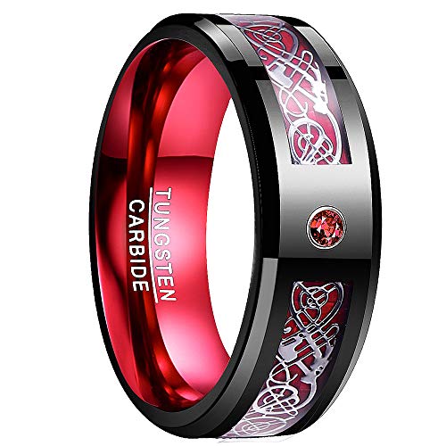 NUNCAD Ring Herren/Damen schwarz-rot mit rotem Zirkon und Keltischen Drachen Wolfram Ring mit Kohlefasern für Hochzeit Verlobung Trauung Geschenkidee Größe 54.4 (17.3) von NUNCAD