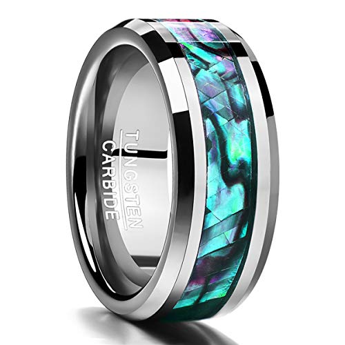 NUNCAD Ring Herren Damen aus Wolfram mit Abalone-Muschel Breite 8mm Unisex Hochzeitsring Verlobungsring Jubiläumsring Größe 58 (18.5) von NUNCAD