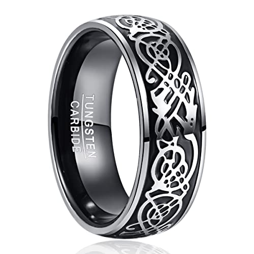 NUNCAD Ring Herren Schwarz Wolfram Ringe 8mm Verlobungsring für Männer mit Drachenmuster Dreidimensional Edelstahl Größe 60.0 (19.1) von NUNCAD