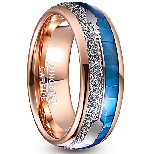 NUNCAD Ring Rosegold Herren/Damen 8mm Wolframcarbid Ringe für Männer mit Blau Muschel+Meteorite+Arrow Dome Inlay von NUNCAD