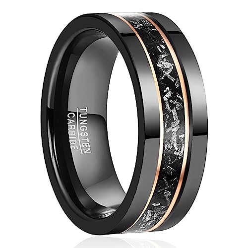 NUNCAD Herren Ring Meteorit Verlobungsring Schwarz Ring mit Rosegold Linie Wolfram Hochzeits Ring 8mm Größe 57 (18.1) von NUNCAD