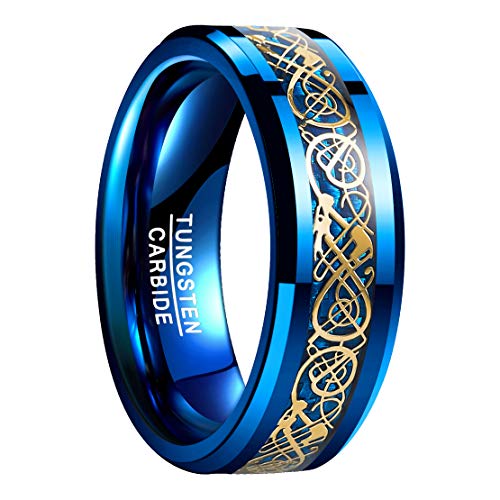 NUNCAD Ring Wolfram Herren/Damen 8mm Breit Blau Keltische Drachen mit Kohlefasern für Hochzeit Verlobung Trauung und Geburtstag Größe 63.4 (20.2) von NUNCAD