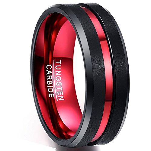 NUNCAD Ring Wolfram Herren/Damen 8mm schwarz+rot Gotik und Rock Stil, Unisex Ring mit rotem Groove und Comfort-Fit für Verlobung, Trauung und Hobby von NUNCAD