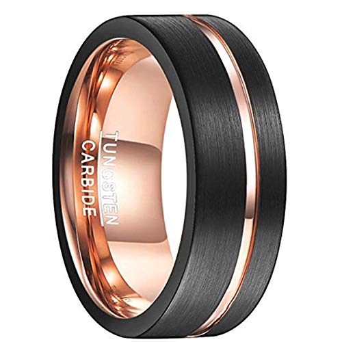 NUNCAD Ring Wolfram Unisex schwarz/Rosegold 8mm Aufarbeitung durch Mattierung und rosegoldenem Einschnitt perfekt für Hochzeit Verlobung und Veranstaltung Größe 68.5 (21.8) von NUNCAD