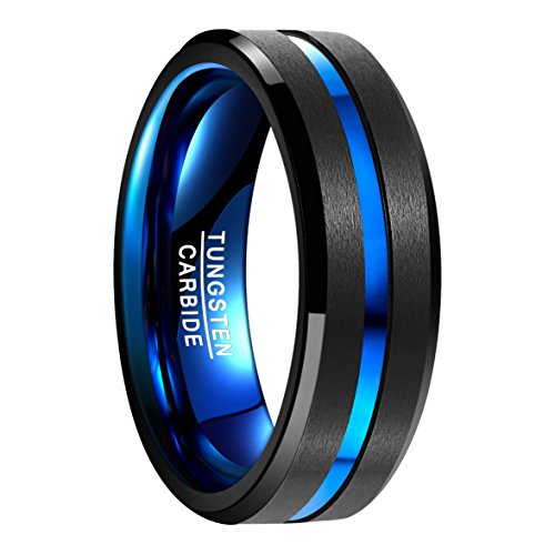 NUNCAD Ring aus hochwertigem Wolfram schwarz﹢blau polierte Oberfläche mit blauem Groove Außenbreite 8mm bequem Größe 62 (19.7) von NUNCAD