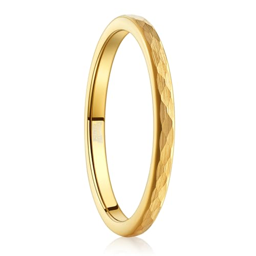 NUNCAD Ringe Gold 2mm Damen Gehämmerte Eheringe Dünn Wolfram Ring für Frauen Facettiert Stapelring Größe 60(19.1) von NUNCAD