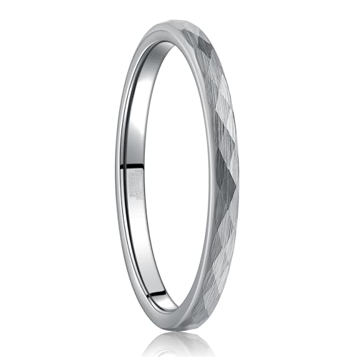 NUNCAD Ringe Silber 2mm Damen Gehämmerte Eheringe Dünn Wolfram Ring für Frauen Facettiert Stapelring Größe 57(18.1) von NUNCAD