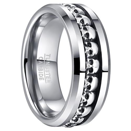 NUNCAD Ringe Silber Herren 8mm Wolfram Ring Eheringe 925 Sterlingsilber Totenkopf Ring Gothic Punkring für Geburtstag, Jahrestag, Alltag, Größe Größe 57(18.1) von NUNCAD