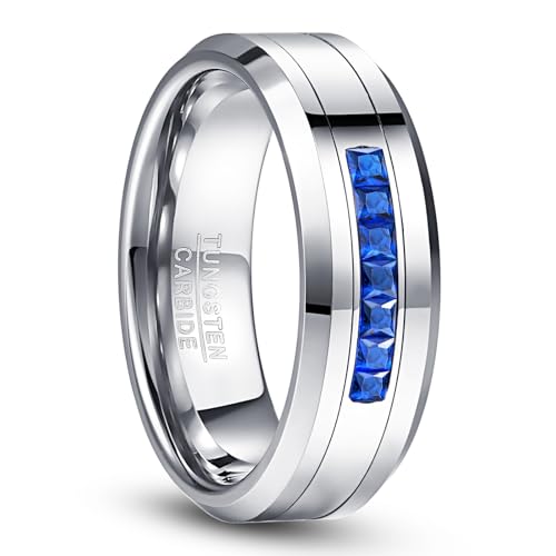 NUNCAD Ringe Silber Herren Blau Zirkon Eheringe 8mm Wolfram Ring für Männer Abgeschrägte Kanten Komfortable Passform Größe 67.2(21.4) von NUNCAD