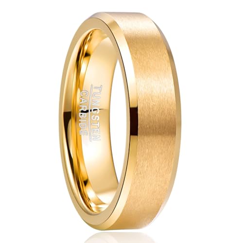 NUNCAD Herren Damen Ring 6mm Gold Wolfram Ringe Hochzeitsring Partnerring Größe 58 von NUNCAD