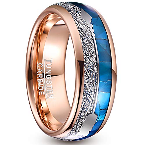 NUNCAD Wolfram Ring Herren 8mm Eheringe Rosegold mit Silber Imitierter Meteorit, Blaue Muschel und Pfeil Kuppelring Männer für Verlobung, Versprechen, Jahrestag Größe 58(18.5) von NUNCAD