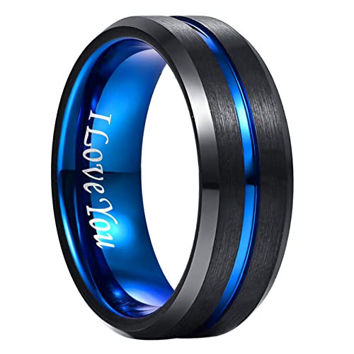 NUNCAD Schwarz Ring aus Wolframcarbid Hochzeitsring mit Blau Rille 8mm Verlobungsring für Herren Damen Graviert I Love You Größe 72 von NUNCAD