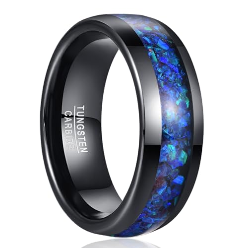 NUNCAD Wolfram Ring für Herren 8mm Schwarzer Ring Blauer Opal Eheringe Gewölbter Herrenring für Hochzeit, Verlobung, Alltag, Größe 57(18.1) von NUNCAD