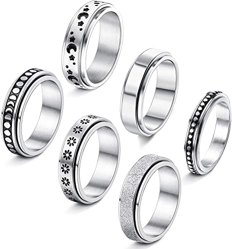 NUNCAD Unisex Drehbar Spinner Ring 6 PCS Edelstahl Verlobung Ring Set Mond Stern Sandstrahlen Hochzeit Ring für Männer Frauen Größe 57 von NUNCAD