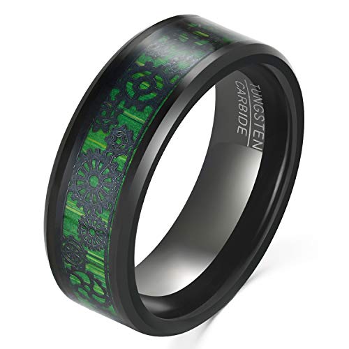 NUNCAD Verlobungsring Herren Wolframcarbid Ring Schwarz mit Grüne Kohlefaser und Getriebemuster 8mm Größe 65 (20.7) von NUNCAD