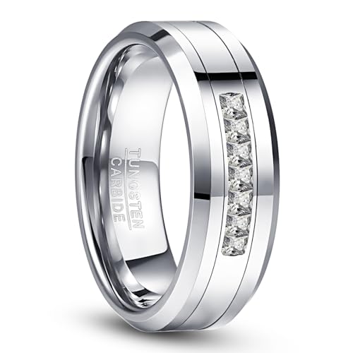 NUNCAD Wolfram Ring Herren Weiß Zirkonia Eheringe 8mm Ringe Silber für Männer Abgeschrägte Kanten Komfortable Passform Größe 65(20.7) von NUNCAD