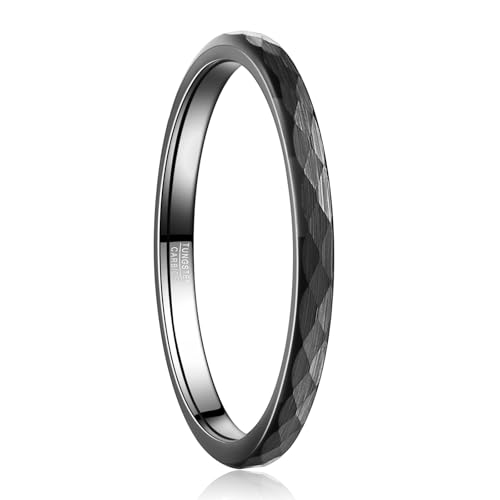 NUNCAD Wolfram Ring Schwarz 2mm Damen Gehämmerte Eheringe Dünn Facettiert Stapelring für Frauen Größe 60(19.1) von NUNCAD
