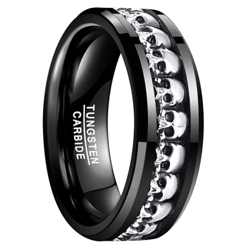 NUNCAD Wolfram Ring Schwarz 8mm Herren Eheringe 925 Sterlingsilber Totenkopf Ring Gothic Punkring für Geburtstag, Jahrestag, Alltag, Größe 62(19.7) von NUNCAD