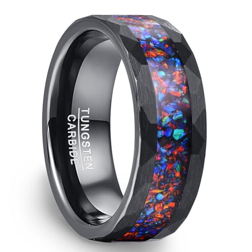 NUNCAD Wolfram Ring Schwarz Herren Galaxy Opal Ring Ehering 8mm Gehämmert Finish Comfort Fit Größe 60 (19.1) von NUNCAD