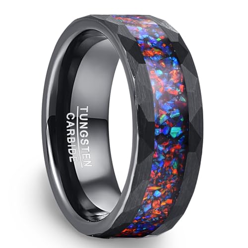 NUNCAD Wolfram Ring Schwarz Herren 8mm Galaxy Opal Ring Gehämmert Eheringe Männerring für Hochzeit, Verlobung, Versprechen Größe 60(19.1) von NUNCAD
