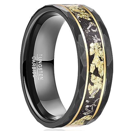 NUNCAD Wolfram Ring Schwarz 8mm Eheringe Herren mit Goldfolie und Meteorit Gehämmerter Männerring mit Doppelt Goldenen Linien Größe 57(18.1) von NUNCAD