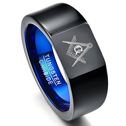 NUNCAD Ring Freimaurer Unisex schwarz+blau, Fashion Ring aus Wolframcarbid mit Winkel und Zirkel, Ring für Religion, Motiv und Freundschaft, Größe 59 von NUNCAD