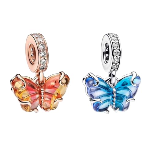 NUNUYAYA Damen Charm Anhänger Armband 925 Sterling Silber Blue Pink Yellow Glass Butterfly Dangle Charms Beads passend Armband Halskette,Anhänger Europäischen Armbänder Frauen Mädchen 2-Stück/Paket von NUNUYAYA