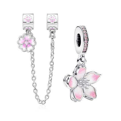 NUNUYAYA Damen Charm Anhänger Armband 925 Sterling Silber Cherry Blossom Dangle Safey Chain Dangle Charms Beads passend Armband Halskette,Anhänger Europäischen Armbänder Frauen Mädchen 2-Stück/Paket von NUNUYAYA