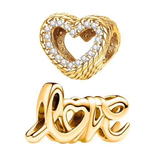 NUNUYAYA Damen Charm Anhänger für Armband 925 Sterling Silber Gold Love HeartDangle Charms Beads passend Armband Halskette,Charm Anhänger für Europäischen Armbänder Frauen Mädchen von NUNUYAYA