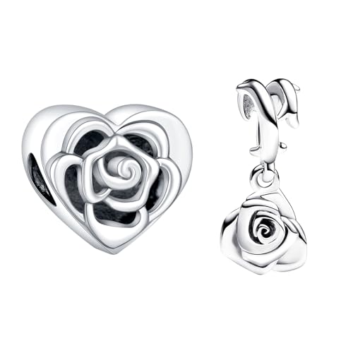 NUNUYAYA Damen Charm Anhänger für Armband 925 Sterling Silber Rose in Bloom Dangle Charms Beads passend für Armband Halskette,Charm Anhänger für Europäischen Armbänder für Frauen Mädchen 2-Stück/Paket von NUNUYAYA