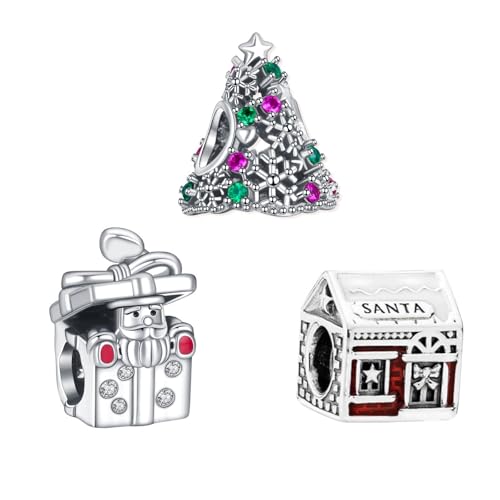 NUNUYAYA Damen Charm Anhänger für Armband 925 Sterling Silber Santa Claus Tree Snow House Dangle Charms Beads passend für Armband Halskette,Charm Anhänger für Europäischen Armbänder Frauen Mädchen von NUNUYAYA