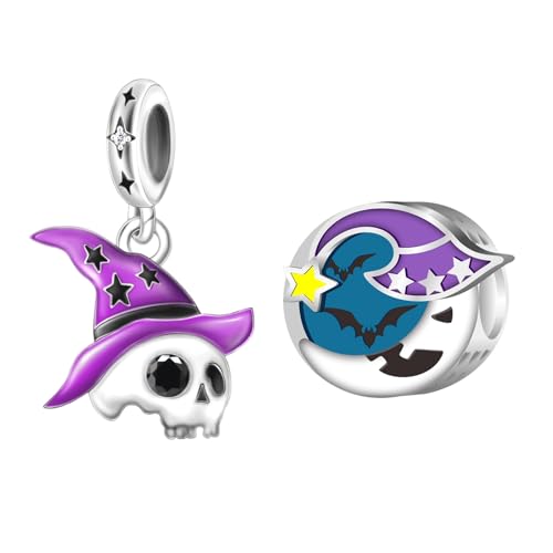 NUNUYAYA Frauen Armband Charme 925 Sterling Silber Moon and Skull in Witch's Hat passend für Armband Halskette,Charm Anhänger für Europäischen Armbänder für Frauen Halloween von NUNUYAYA