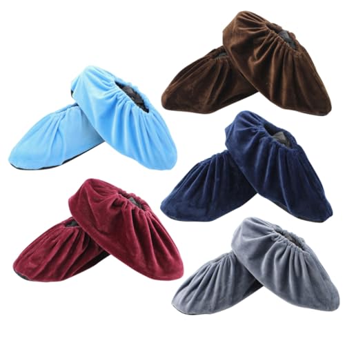 NUOBESTY 5 Paare rutschfeste Wiederverwendbare Hausschuhe Überzieher aus Robustem Dickem Material in Braun Himmelblau und Weinrot Waschbar Elastisch Bodenschonend für Saubere Böden Zuhause von NUOBESTY