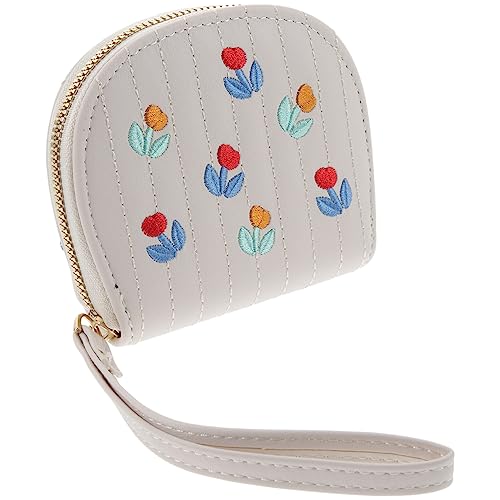 NUOBESTY Geldtasche Geldbörse Mit Stickerei Kleines Portemonnaie Mit Blumen Kleine Geldbörsen Und Handtaschen Kleines Münztäschchen Aus Leder Kartentasche Brieftasche Beutel Student Weiß von NUOBESTY