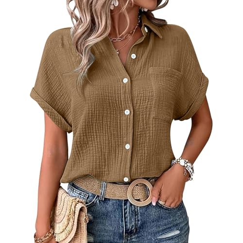 Bluse Damen, Musselin Bluse Damen Shirts Bluse Elegant Tunics Sommer Tshirt Kurzarm Leinen Knopf Bluse Lange Oversized T-Shirt Casual für Leggings Kaffee 3XL von Nuoke