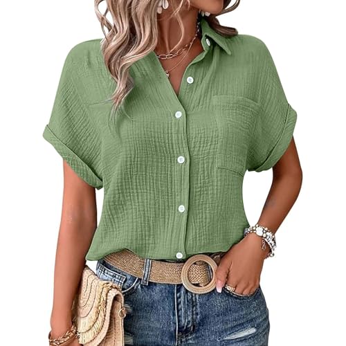 Bluse Damen elegant, Musselin Bluse Damen Shirts Bluse Elegant Tunics Sommer Tshirt Kurzarm Leinen Knopf Bluse Lange Oversized T-Shirt Casual für Leggings Tarnung 3XL von Nuoke