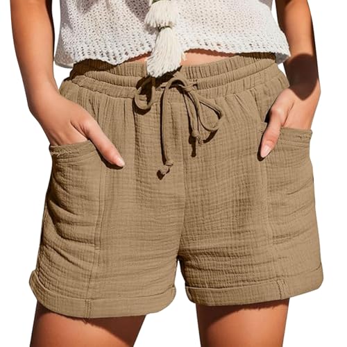 Hose Damen Sommer, Women's 2025 Summer Linen Muslin Shorts Beach with Pockets Fashion Casual Fabric Trousers Leisure Stretch Straight Leg Drawstring Linen Trousers von Nuoke