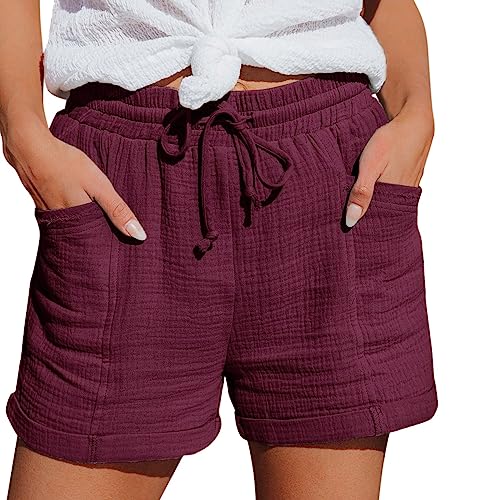 Nuoke Sommerhose Damen leicht,Strandkleid Damen, 2025 Sommer Leinen Musselin Beach Mit Taschen Mode Lässige Stoffhose Freizeit Stretch Gerades Bein Kordelzug Leinenhose, Wine L von Nuoke