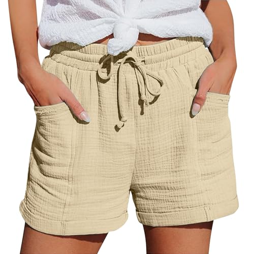 Nuoke Strandkleid Damen, Sommer Leinen Musselin Kurze Hose Beach Mit Taschen Mode Lässige Stoffhose Freizeit Stretch Gerades Bein Kordelzug Leinenhose von Nuoke
