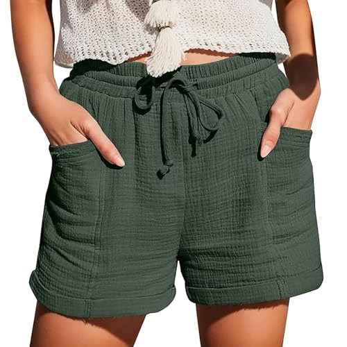 Nuoke damen-shorts,Shorts Damen 2025 Sommer Leinen Musselin Kurze Hose Beach Mit Taschen Mode Lässige Stoffhose Freizeit Stretch Gerades Bein Kordelzug Leinenhose Armee grün L von Nuoke