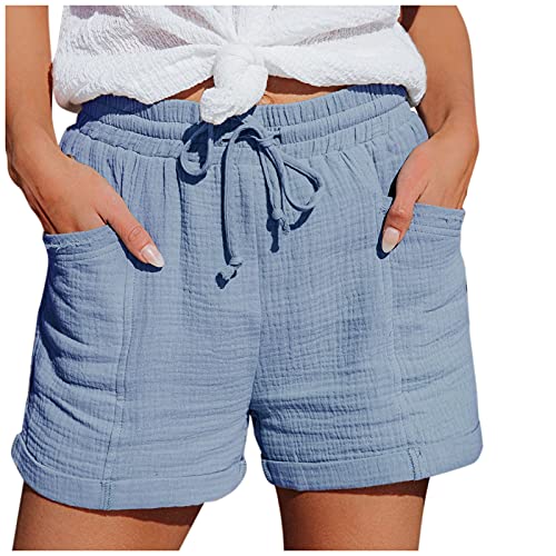 Nuoke hose damen sommer,Shorts Damen 2025 Sommer Leinen Musselin Kurze Hose Beach Mit Taschen Mode Lässige Stoffhose Freizeit Stretch Gerades Bein Kordelzug Leinenhose Hellblau XXL von Nuoke