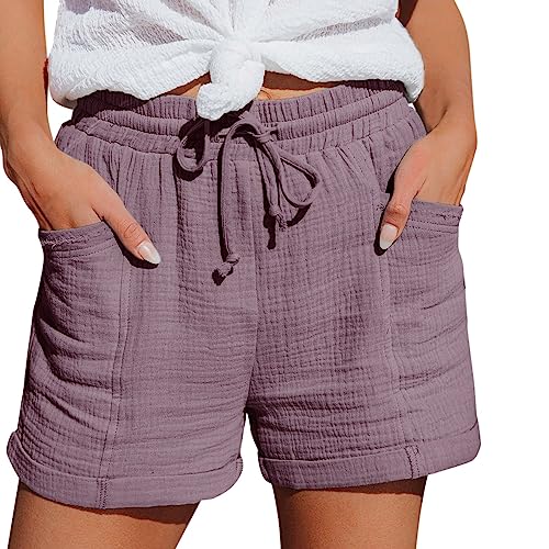 Nuoke kurze hose damen,Shorts Damen 2025 Sommer Leinen Musselin Kurze Hose Beach Mit Taschen Mode Lässige Stoffhose Freizeit Stretch Gerades Bein Kordelzug Leinenhose Hellviolett L von Nuoke
