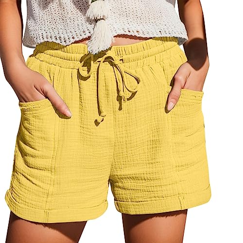Nuoke musselin hose damen,Shorts Damen 2025 Sommer Leinen Musselin Kurze Hose Beach Mit Taschen Mode Lässige Stoffhose Freizeit Stretch Gerades Bein Kordelzug Leinenhose Gelb L von Nuoke